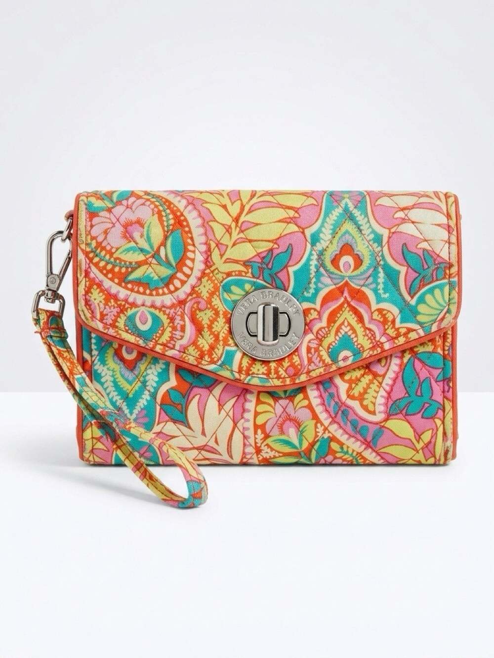 Vera Bradley Wristlet Wallet Floral Paisley Quilted Silver Tone Turn Lock Logo